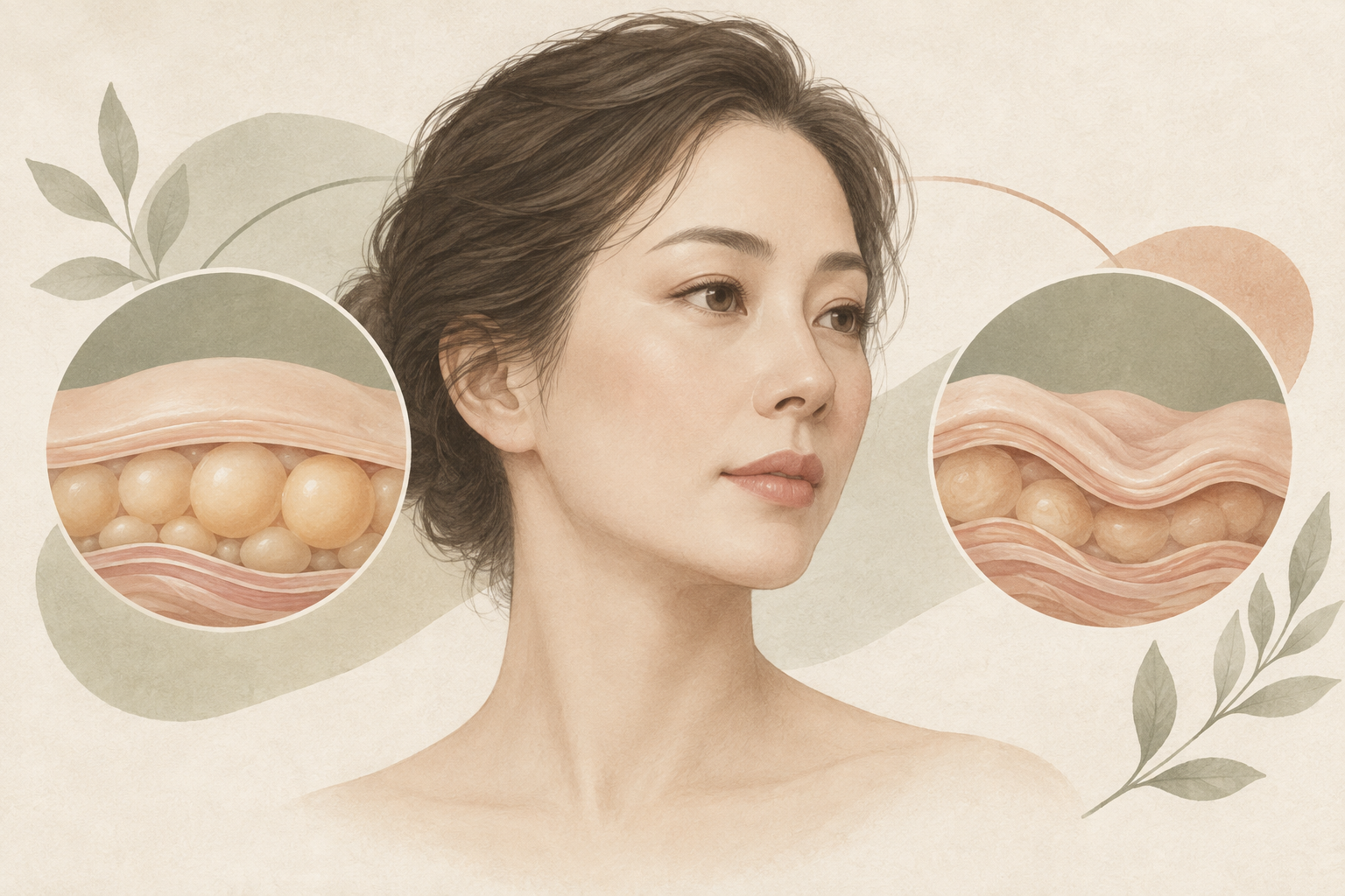 얼굴 볼륨과 피부 탄력을 구분해 표현한 중립적인 개념 일러스트
