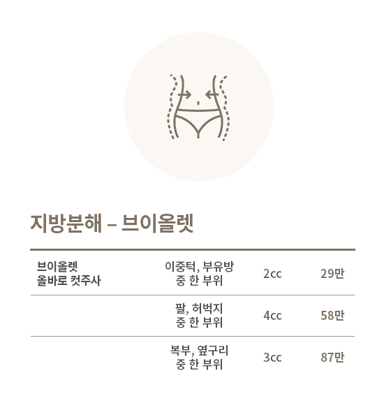 지방분해 및 바디슬림 시술 가격표